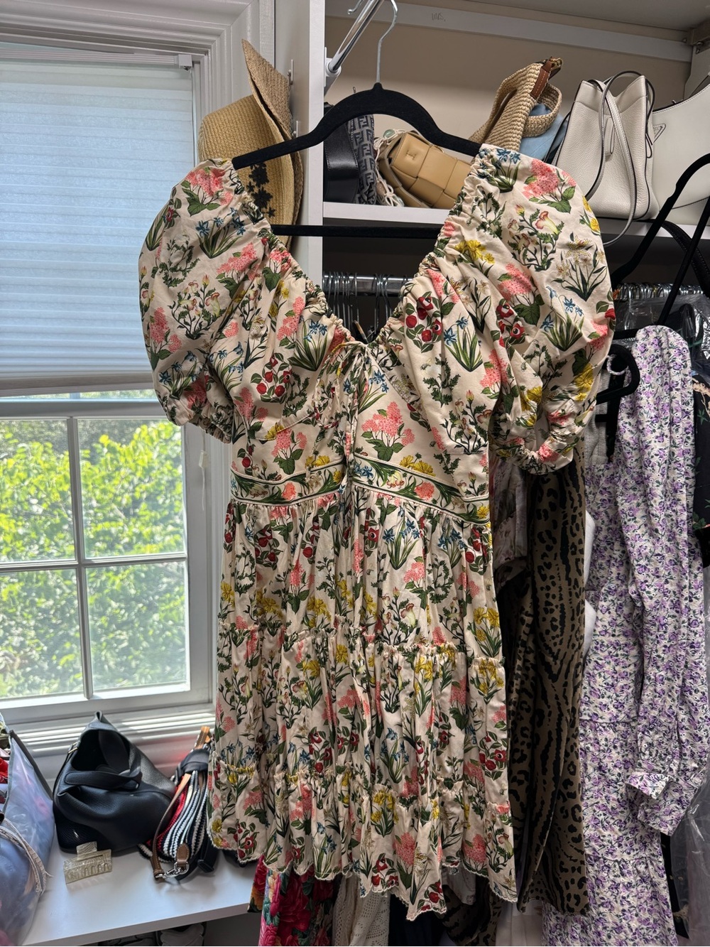 Agua Bendita Cream Floral Puff-Sleeve Mini Dress